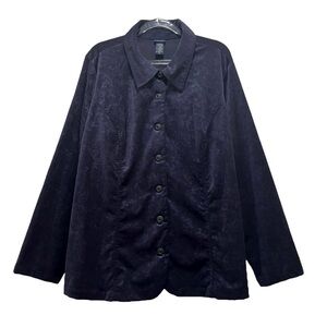 Navy Sz 2X Silky Corduroy Jacquard Button Up Blouse Quiet Luxury Dark Academia